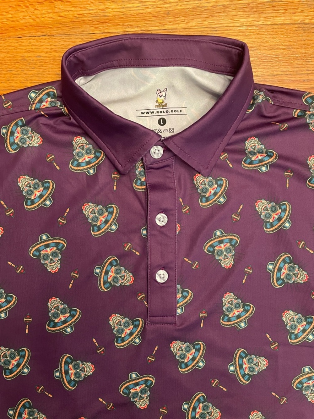 ROLO GOLF Sugar Skull Novelty Print Purple Coastal Sporty Whimsical Polo Shirt